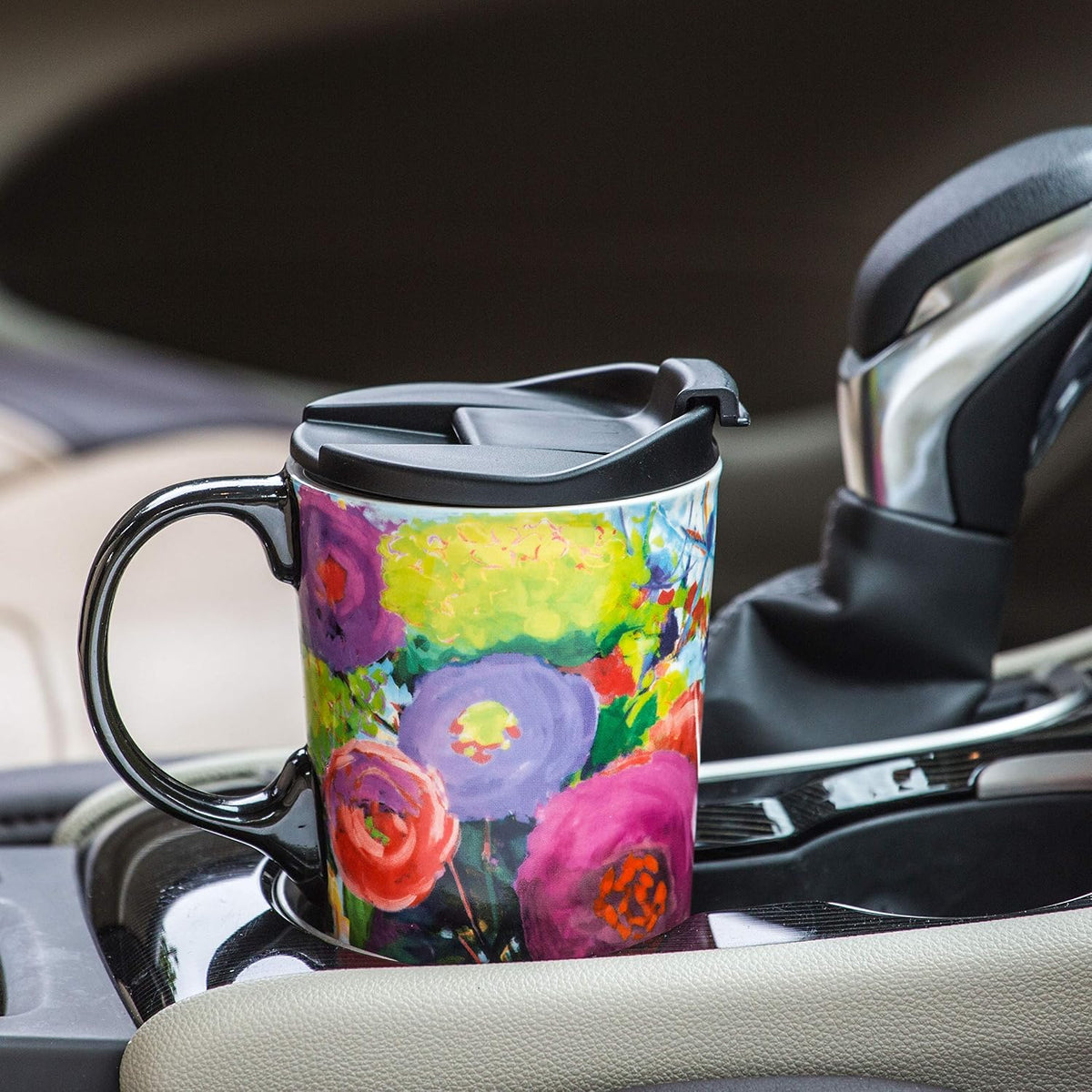 17oz Ceramic Travel Mug with Lid, Colorful Floral Gift Coffee Mug | Large Ceramic Coffee Mug with Handle, Microwave & Dishwasher Safe, Gift Box Included