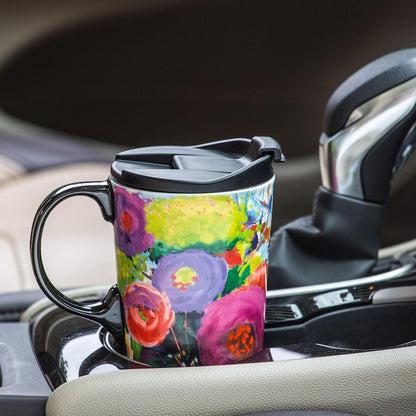 17oz Ceramic Travel Mug with Lid, Colorful Floral Gift Coffee Mug | Large Ceramic Coffee Mug with Handle, Microwave & Dishwasher Safe, Gift Box Included