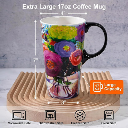 17oz Ceramic Travel Mug with Lid, Colorful Floral Gift Coffee Mug | Large Ceramic Coffee Mug with Handle, Microwave & Dishwasher Safe, Gift Box Included