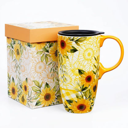 17oz Ceramic Travel Mug with Lid, Colorful Floral Gift Coffee Mug | Large Ceramic Coffee Mug with Handle, Microwave & Dishwasher Safe, Gift Box Included