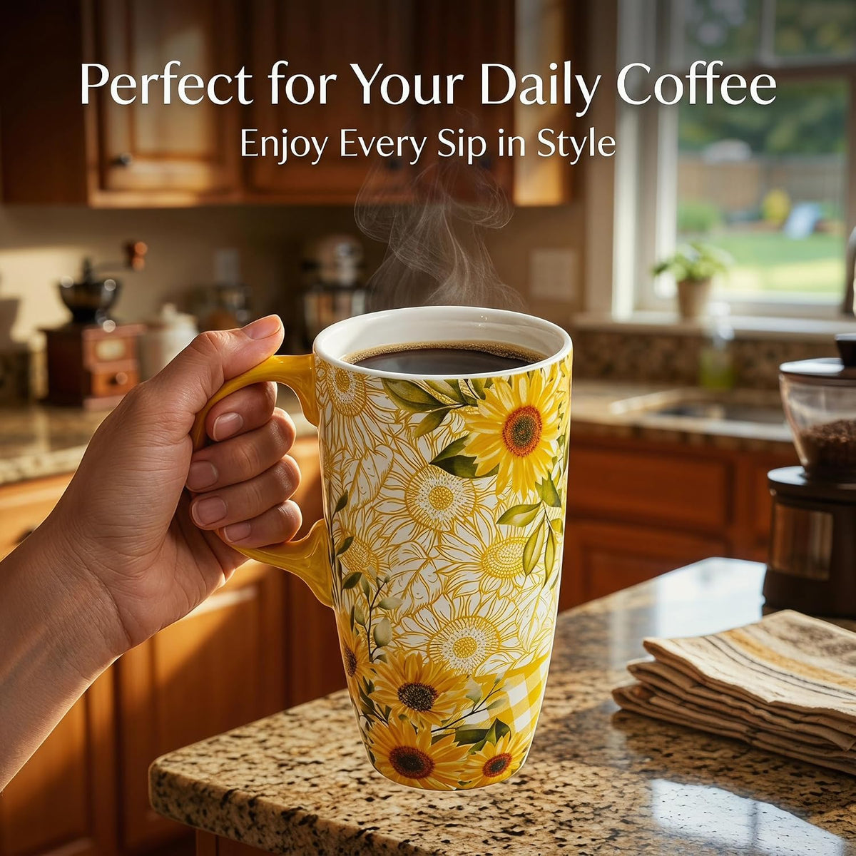 17oz Ceramic Travel Mug with Lid, Colorful Floral Gift Coffee Mug | Large Ceramic Coffee Mug with Handle, Microwave & Dishwasher Safe, Gift Box Included