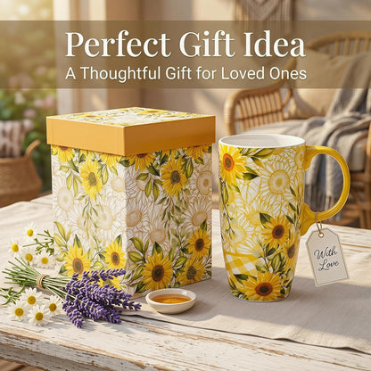 17oz Ceramic Travel Mug with Lid, Colorful Floral Gift Coffee Mug | Large Ceramic Coffee Mug with Handle, Microwave & Dishwasher Safe, Gift Box Included