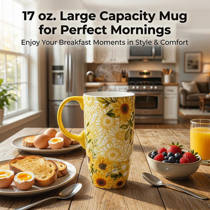 17oz Ceramic Travel Mug with Lid, Colorful Floral Gift Coffee Mug | Large Ceramic Coffee Mug with Handle, Microwave & Dishwasher Safe, Gift Box Included