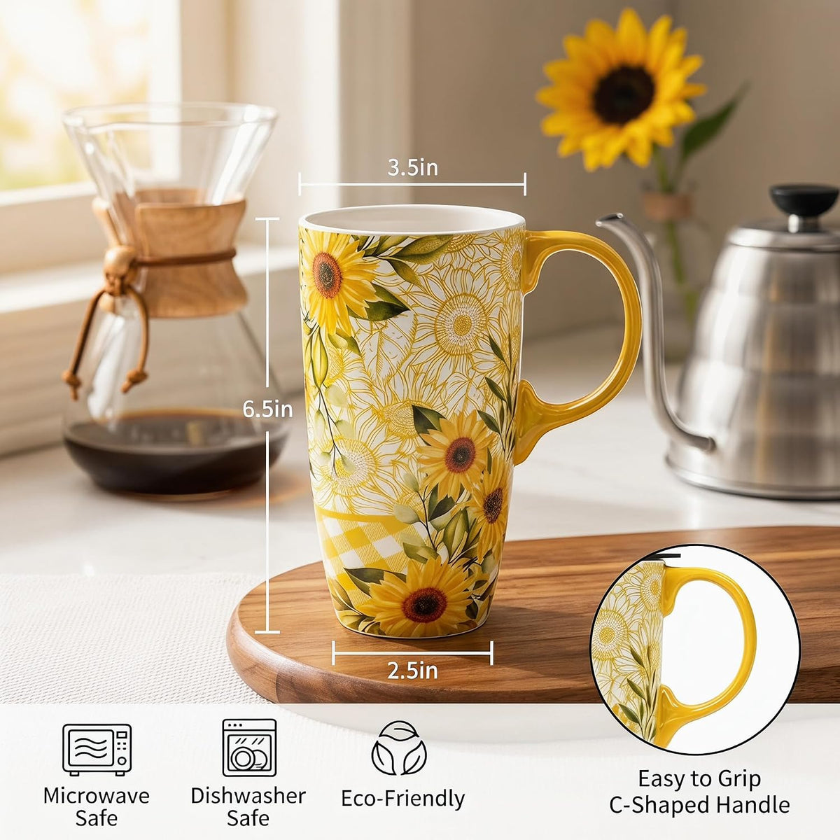 17oz Ceramic Travel Mug with Lid, Colorful Floral Gift Coffee Mug | Large Ceramic Coffee Mug with Handle, Microwave & Dishwasher Safe, Gift Box Included