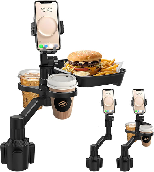 Car Cup Holder Tray - 4 in 1 Adjustable Car Cup Holder Expander with 360° Rotatable Food Tray Table and Phone Mount for Driver and Front Passenger, Automotive Road Trip Essentials