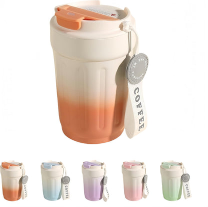 14oz Portable Vacuum Insulated Coffee Mug, Ceramic Lined Travel Cup | Gradient finish;Leakproof lid;Grooved non-slip grip;Carry strap;Easy-clean parts;For coffee, milk, tea and juice