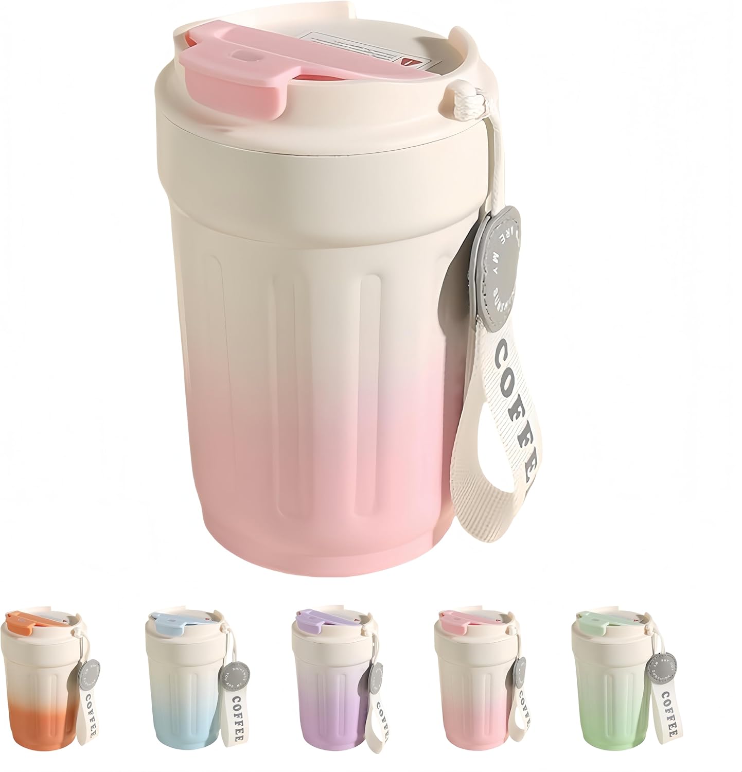 14oz Portable Vacuum Insulated Coffee Mug, Ceramic Lined Travel Cup | Gradient finish;Leakproof lid;Grooved non-slip grip;Carry strap;Easy-clean parts;For coffee, milk, tea and juice