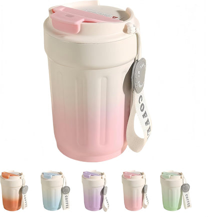 14oz Portable Vacuum Insulated Coffee Mug, Ceramic Lined Travel Cup | Gradient finish;Leakproof lid;Grooved non-slip grip;Carry strap;Easy-clean parts;For coffee, milk, tea and juice