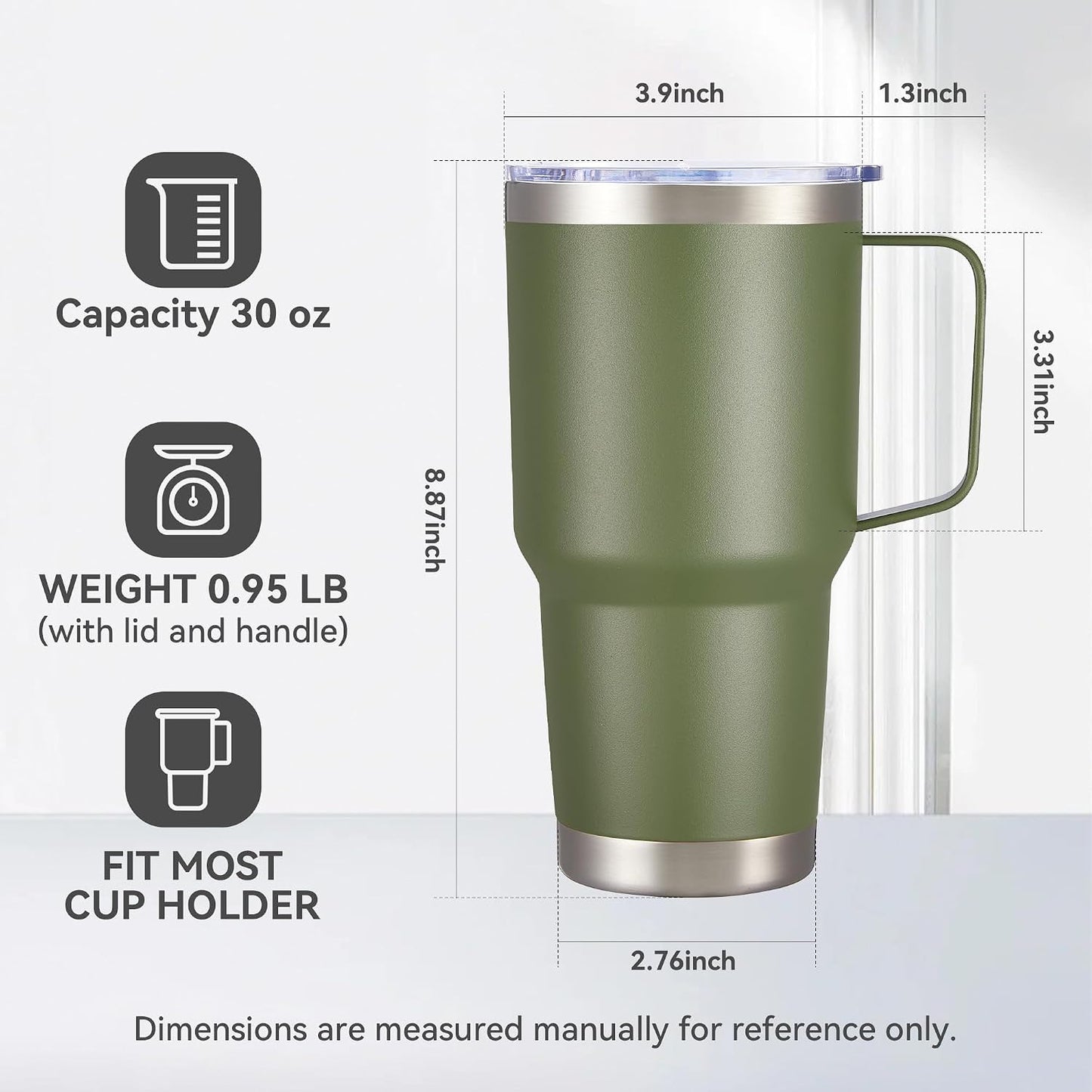 30 oz Stainless Steel Tumbler with Handle and Lid, 1 Pack | Powder Coated, Double Wall Vacuum Insulated, Leak Proof Lid, Keep Drinks Cold and Hot, for office, party, camping, White
