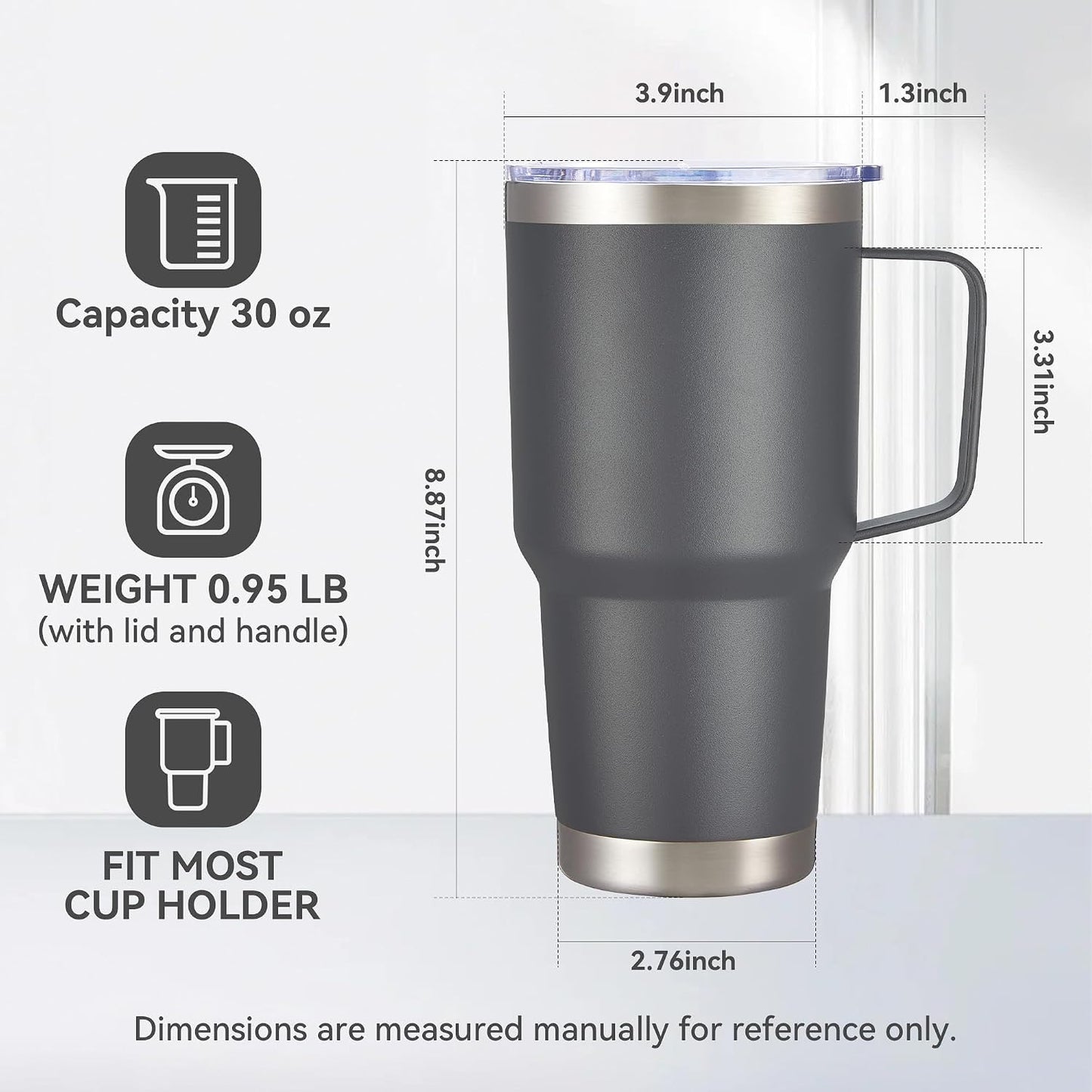 30 oz Stainless Steel Tumbler with Handle and Lid, 1 Pack | Powder Coated, Double Wall Vacuum Insulated, Leak Proof Lid, Keep Drinks Cold and Hot, for office, party, camping, White