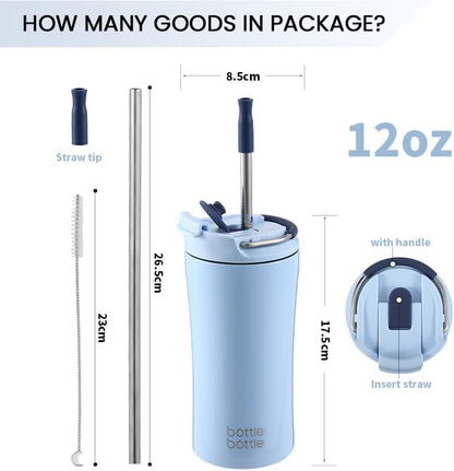 BOTTLE BOTTLE Coffee Tumbler with Dual-use Lid and Straw Double Walled Iced Travel Coffee Mug for Woman and Man 12 oz Stainless Steel Insulated Tumbler with Handle (blue)