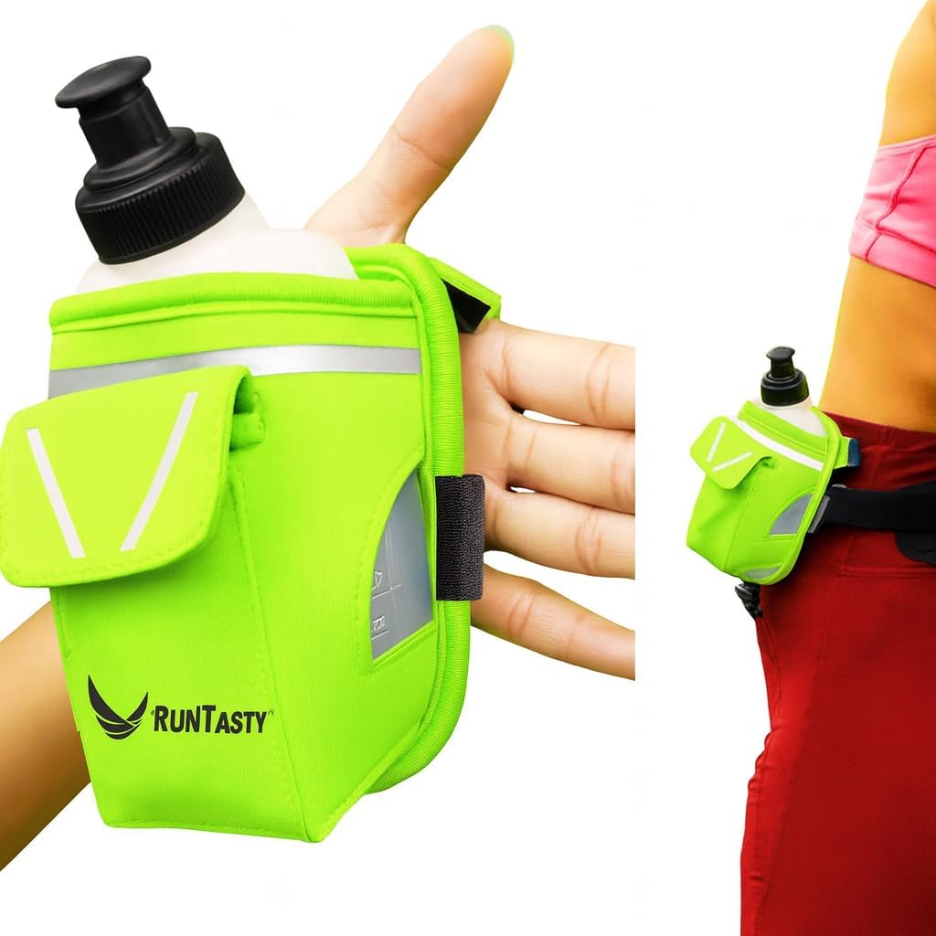 2-in-1 Running Fun: Handheld 12 Oz Water Bottle & Running Belt Add-On. No-Grip Design Straps on Hand & Slides on Belt. Waterproof Pocket for Money, Keys. Maximize Time, Freedom & Health