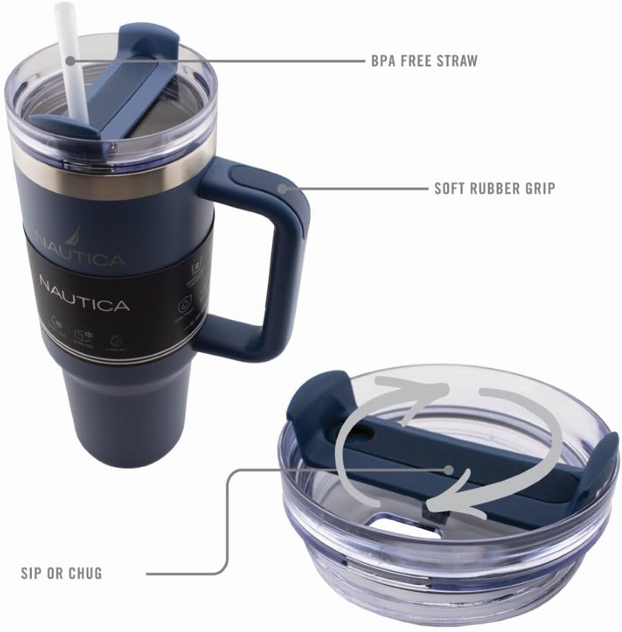 Nautica 40oz Insulated Tumbler with Handle and Straw, Stainless Steel Double Wall Vacuum Travel Mug, Leak-Resistant 3-Way Lid, Keeps Cold for 24 Hours, Fits Car Cup Holders (NAVY)