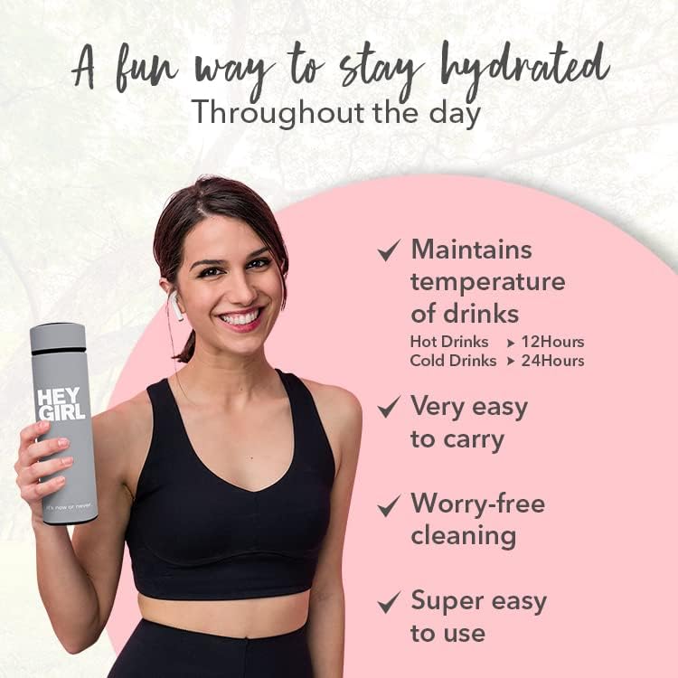 Hey Girl Tea Infuser Bottle 450ml - Insulated Stainless Steel Water Bottle - Tea Tumbler with Tea Diffuser - Portable Travel Mug for Loose Leaf Tea & Infused Water - Tea Lovers Gifts for Women (Pink)