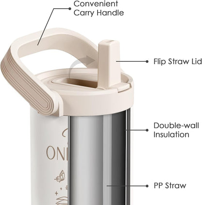 SANDJEST Leopard Skin Stainless Steel Straw Lid Tumbler 30oz with Carry Handle for Women Girls, Insulated Travel Coffee Cup, Gift for Sports Outdoor Workout Christmas Birthday (Beige)