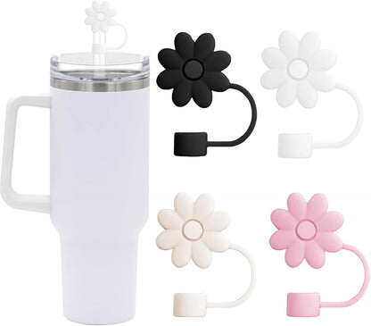 Flower Straw Covers Toppers for Stanley Cups 30&40 Oz Tumbler with Handle Accessories 4PCS Silicone Straw Caps Reusable Straws Tips Protectors for Stanley Cup 10mm 0.4in Straws,Off White