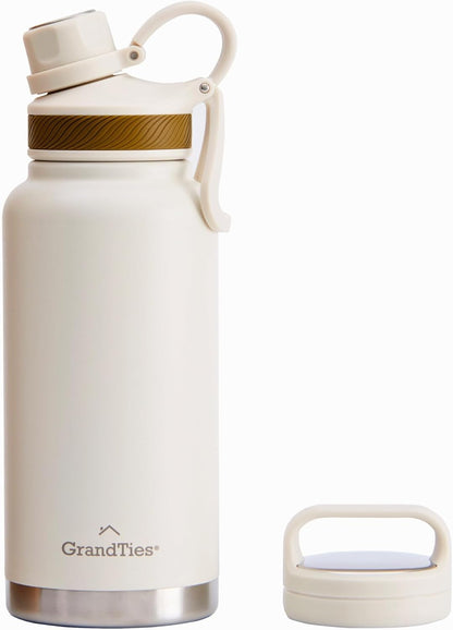 GRANDTIES 2 Lids Sports Stainless Steel Water Bottles – Wide Mouth Vacuum Insulated Reusable Leak Proof BPA-Free Travel Metal Canteen, Thermal Bottles for Men Women Gym (Ivory White 32 oz)