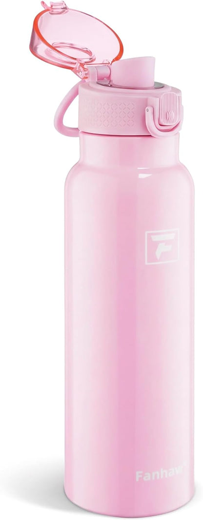 Fanhaw 24 oz Insulated Water Bottle with Soft Silicone Spout Lid, Leakproof Stainless Steel Vacuum Bottle for School, Sports& Daily Use, Kids, Teens& Adults, Back to School Essentials (Pink)