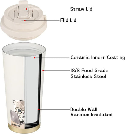 Funkrin Coffee Travel Mug with Straw & Flip Lid, 16oz Insulated Tumbler Cup with Ceramic Coating, Double Wall Vacuum Leak-Proof Mug for Office School Party Camping