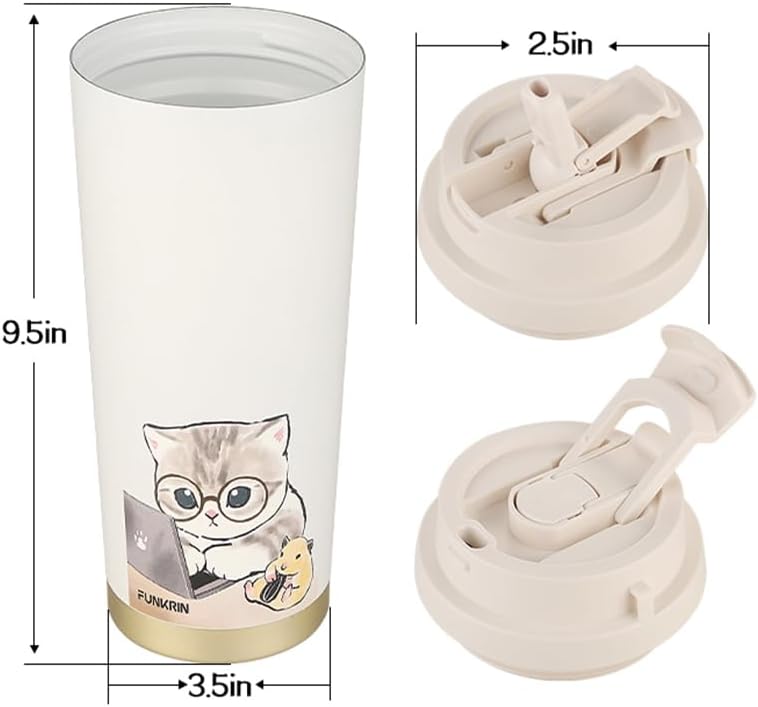 Funkrin Coffee Travel Mug with Straw & Flip Lid, 16oz Insulated Tumbler Cup with Ceramic Coating, Double Wall Vacuum Leak-Proof Mug for Office School Party Camping