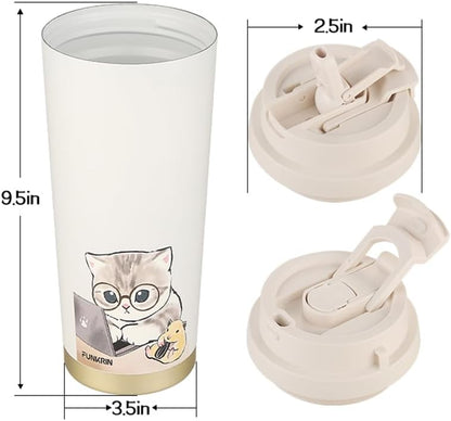 Funkrin Coffee Travel Mug with Straw & Flip Lid, 16oz Insulated Tumbler Cup with Ceramic Coating, Double Wall Vacuum Leak-Proof Mug for Office School Party Camping