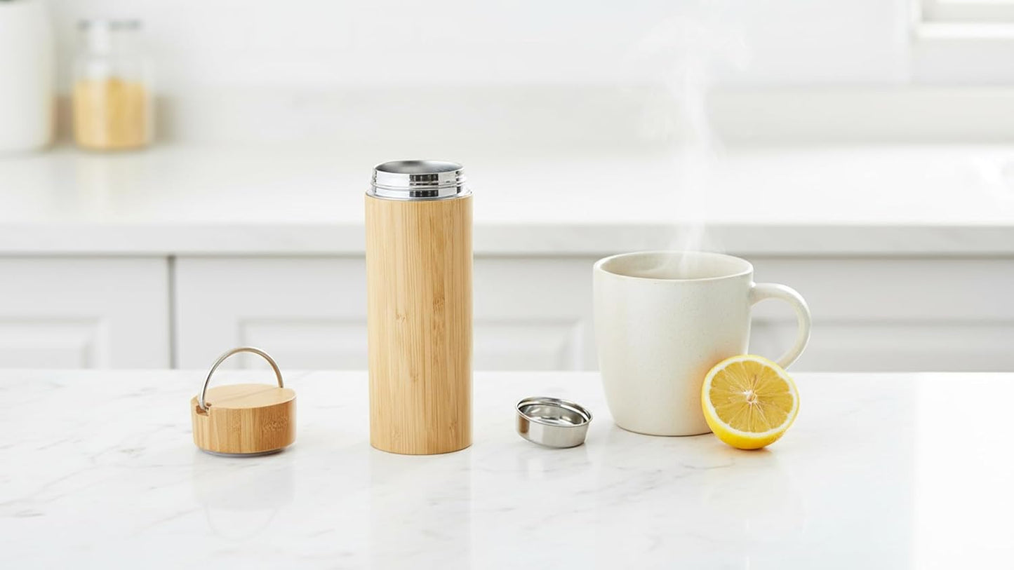 Bamboo Tea Tumbler with Infuser - 17oz Double Wall Vacuum Insulated Stainless Steel Travel Mug | Leakproof Thermal Flask with Strainer for Loose Leaf Tea, Coffee and Fruit Water