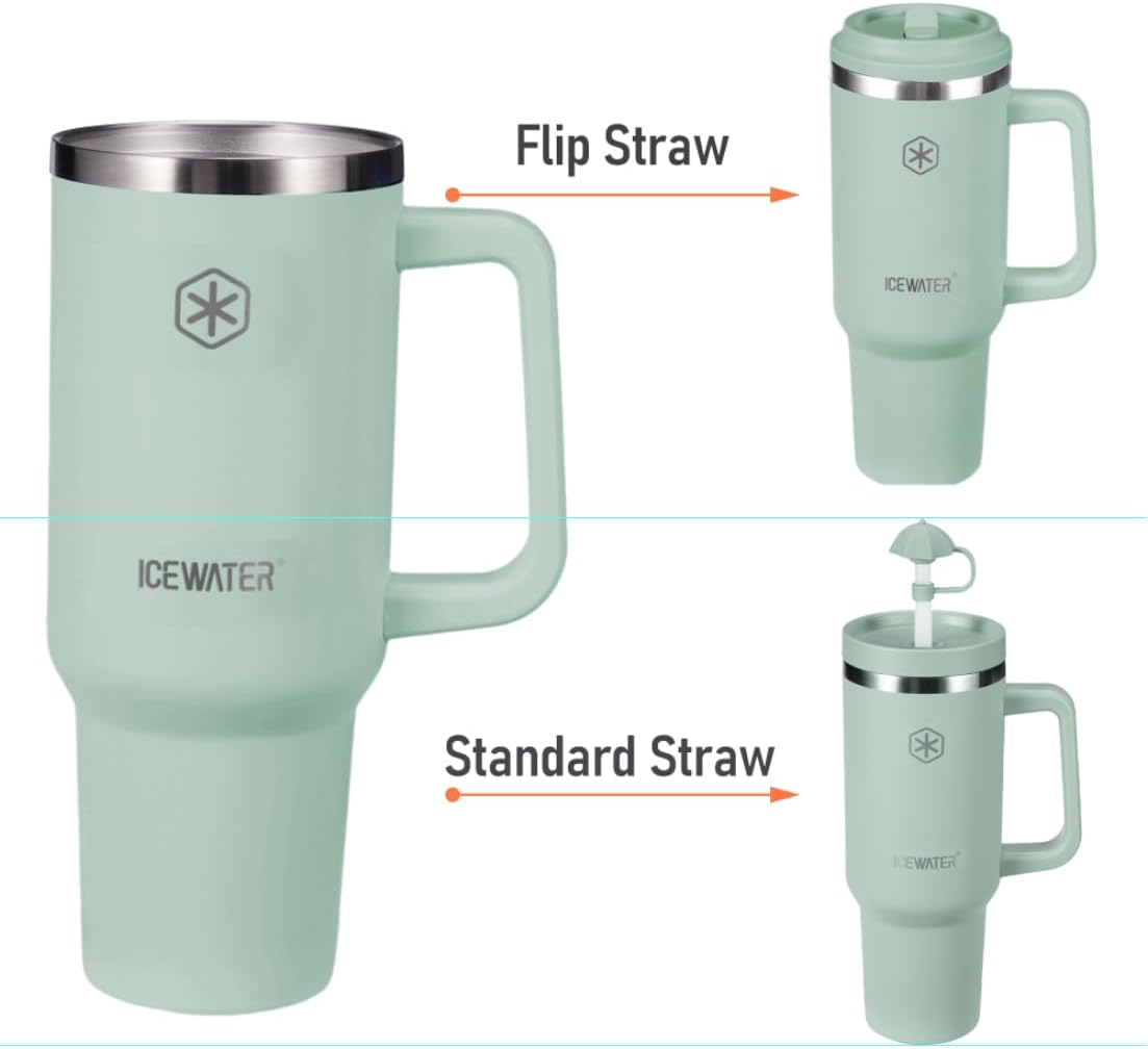 ICEWATER 40 oz Tumbler with 2 Lids (Flip & Standard Straw),100% Leak Proof Insulated Tumbler with Handle, Cup Holder Friendly, Stainless Steel Water Bottle, Gifts for Women & Men (Violet)