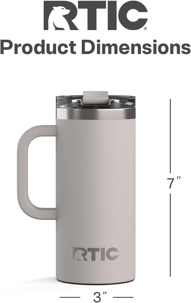 RTIC 20oz Road Trip Travel Mug with Lid and Handle, Ceramic Lined, Insulated, Stainless Steel, Metal, Double Wall Vacuum-Insulation, Portable Coffee, Tea Cup for Hot and Cold Drink, Black