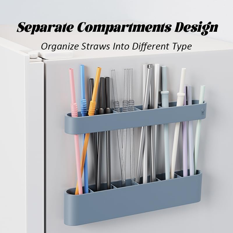 Silicone Straw Holder Self-Adhesive Straw Dispenser with 6 Slots Reusable Drinking Straw Storage Organizer Kitchen Accessories Container for Cabinet Fridge Cupboard Door (Blue)
