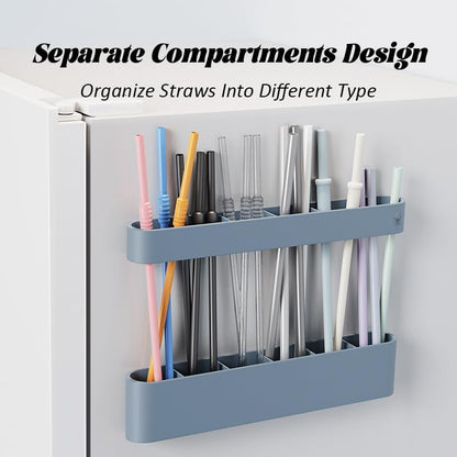 Silicone Straw Holder Self-Adhesive Straw Dispenser with 6 Slots Reusable Drinking Straw Storage Organizer Kitchen Accessories Container for Cabinet Fridge Cupboard Door (Blue)