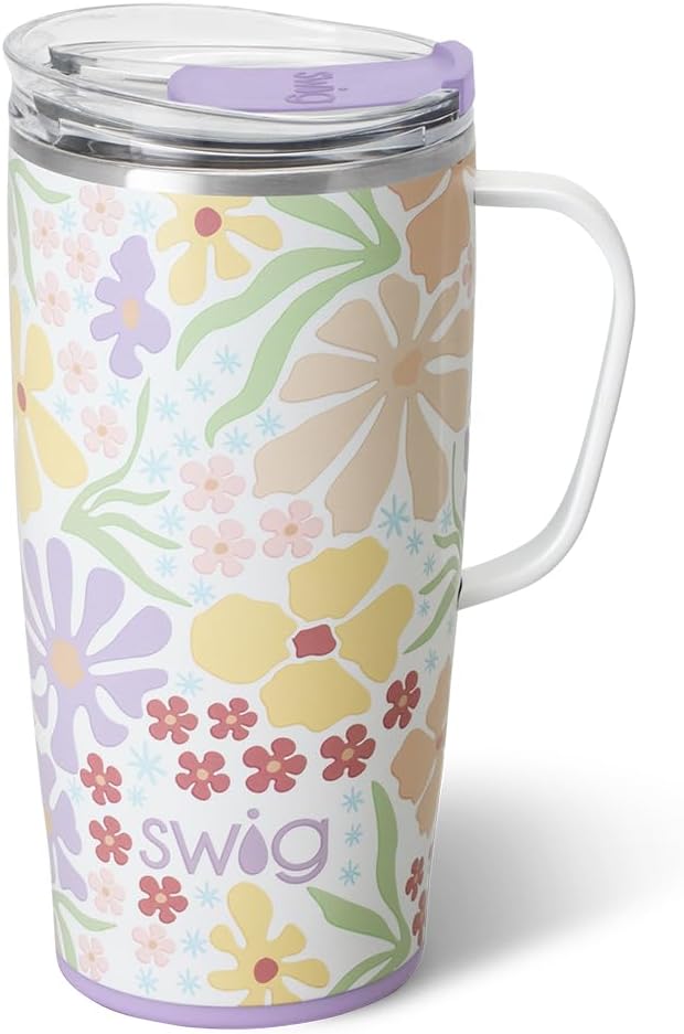Swig Life 18oz Travel Mug, Insulated Tumbler with Handle and Lid, Cup Holder Friendly, Dishwasher Safe, Stainless Steel, Travel Coffee Cup (Honey Meadow)