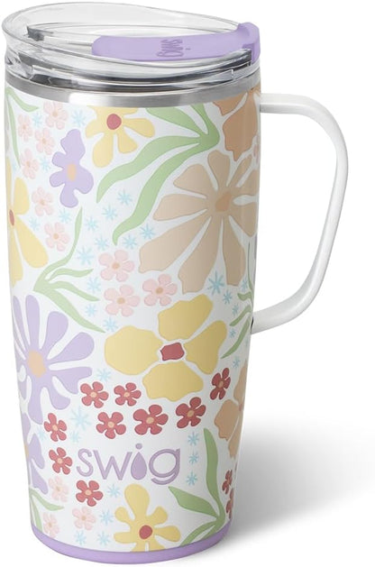 Swig Life 18oz Travel Mug, Insulated Tumbler with Handle and Lid, Cup Holder Friendly, Dishwasher Safe, Stainless Steel, Travel Coffee Cup (Honey Meadow)