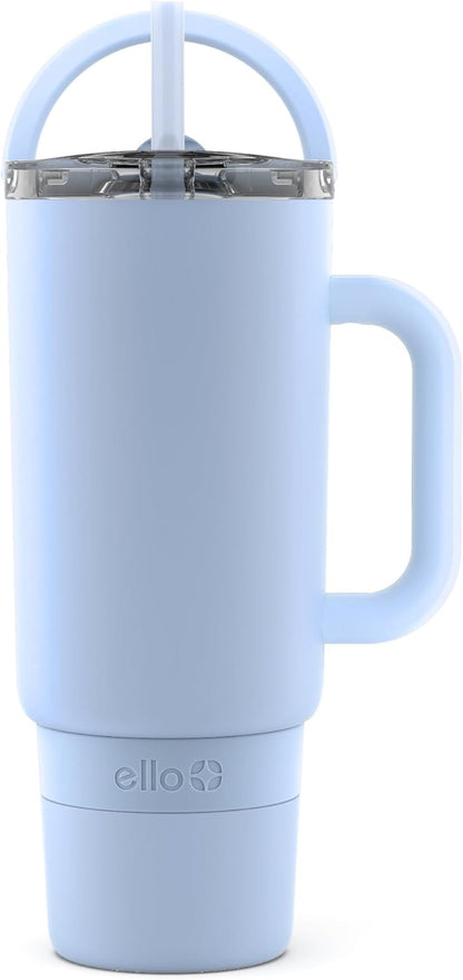 Ello Port 40oz Tumbler with Carry Loop & Integrated Handle, Vacuum Insulated Stainless Steel Reusable Water Bottle, Travel Mug with Leak Proof Lid & Straw, Perfect for Iced Coffee & Tea, White