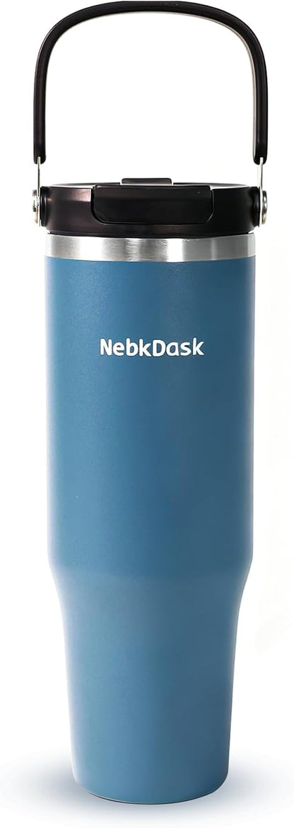 40 oz Insulated Stainless Steel Bottle with 2-in-1 Straw and Spout Lid, Water Bottle with Carry Handle Keep Cold 24H, Leak-Proof, Fits in Car Cup Holder, Travel, and School（off-White）