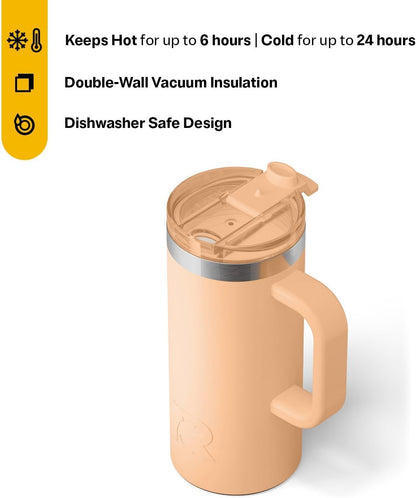 RTIC 20oz Road Trip Travel Mug with Lid and Handle, Ceramic Lined, Insulated, Stainless Steel, Metal, Double Wall Vacuum-Insulation, Portable Coffee, Tea Cup for Hot and Cold Drink, Black