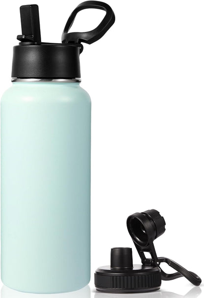 Neihepal 32 oz Insulated Water Bottle with 2 Lids (Straw & Spout Lid), 18/8 Stainless Steel Double Wall Water Bottles for Gym, Travel, Camping, Sports (Silver,1 Pack)