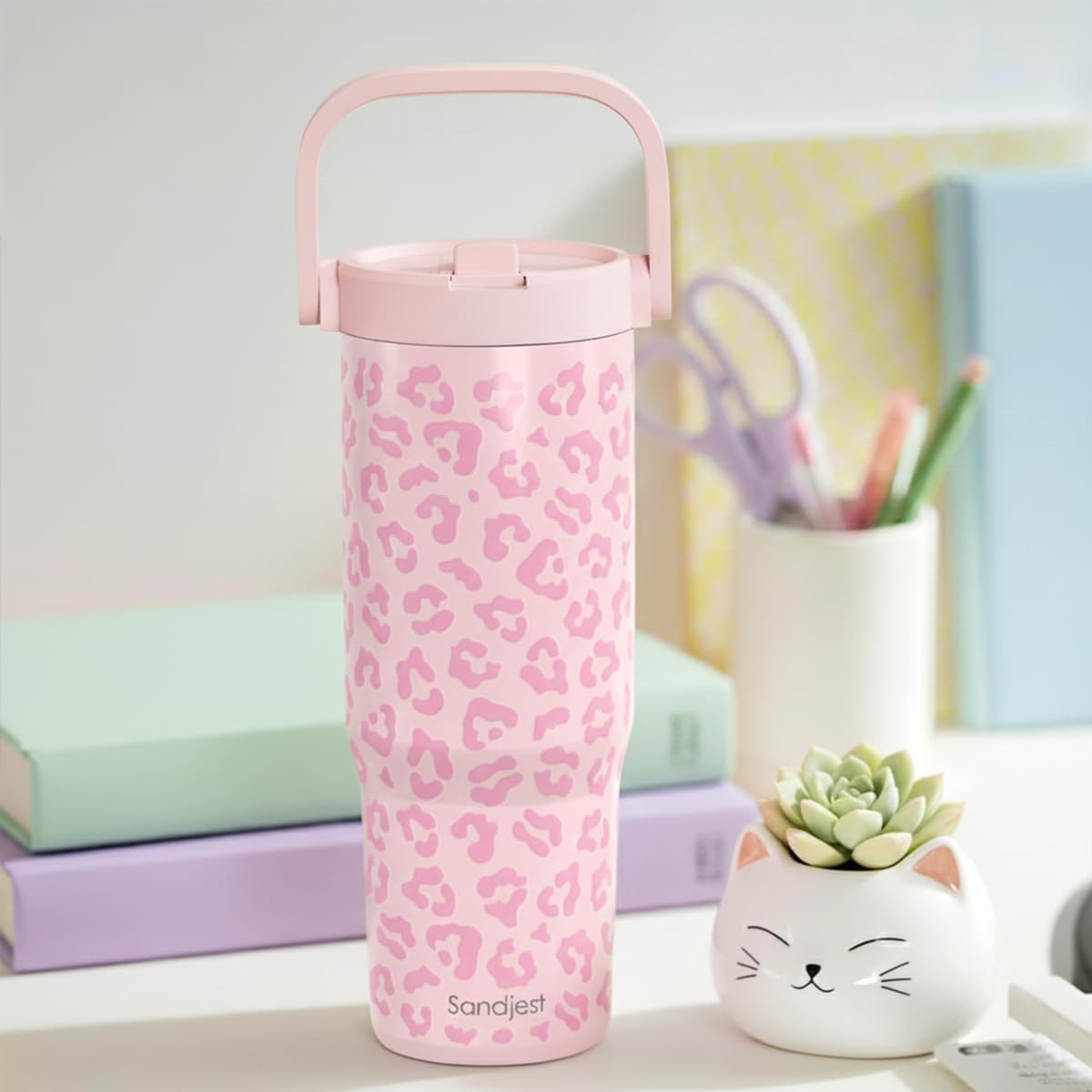 SANDJEST Leopard Skin Stainless Steel Straw Lid Tumbler 30oz with Carry Handle for Women Girls, Insulated Travel Coffee Cup, Gift for Sports Outdoor Workout Christmas Birthday (Beige)