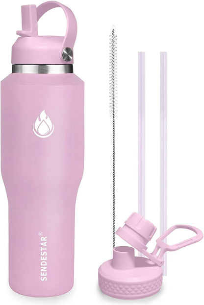 SENDESTAR 40oz Water Bottle Wide Mouth Stainless Steel Vacuum Insulated Double Wall with Straw Lids Fit in Any Car Cup Holder