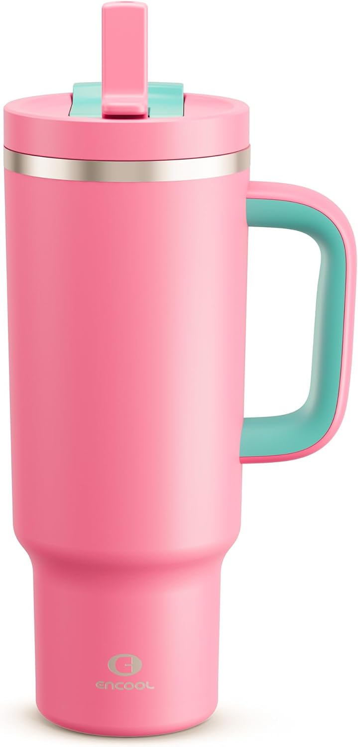 40 oz Tumbler with Handle and Straw: Stainless Steel Insulated Tumbler Keeps Cold for 24 Hours, Leakproof Travel Cup Fits in Cup Holder and BPA-Free, Cotton Candy