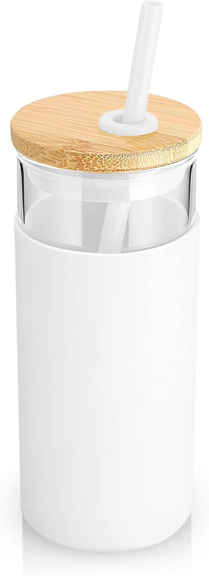Tronco 20 oz Glass Tumbler with Lid and Straw, Iced Coffee Cup and Smoothie Cup with Bamboo Lids & Protective Silicone Sleeve, Dishwasher Safe, BPA-Free, Glass Cup 1 Pack - Colors B