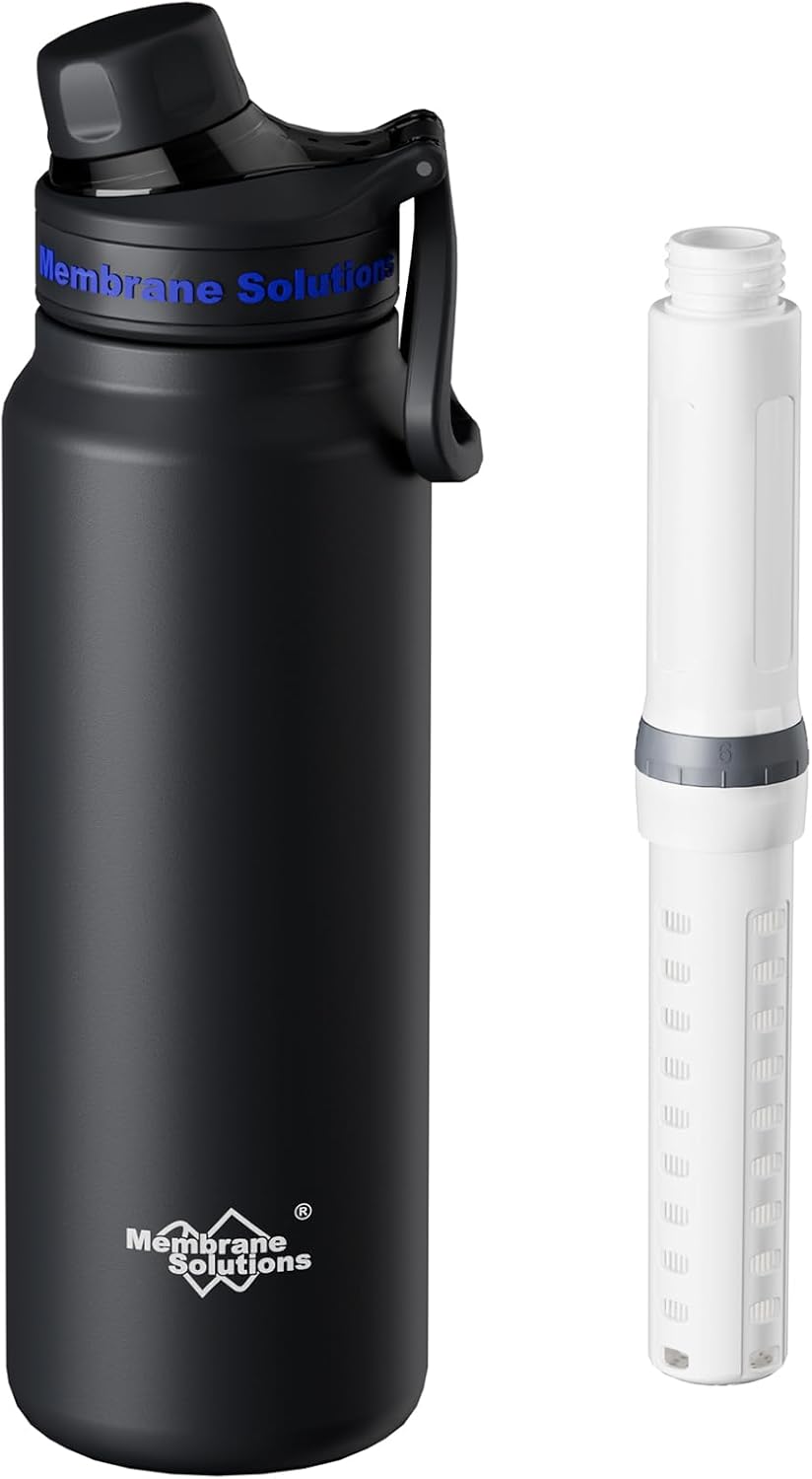 Membrane Solutions C3 Filtered Water Bottle, 32oz Stainless Steel Water Bottle with Replaceable UF+ACF Filter Cartridge, Portable Water Filter, Travel, Hiking & Camping for Drinking Water
