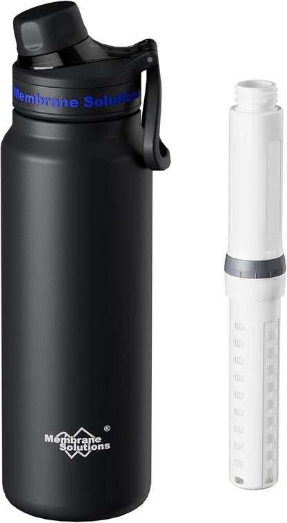 Membrane Solutions C3 Filtered Water Bottle, 32oz Stainless Steel Water Bottle with Replaceable UF+ACF Filter Cartridge, Portable Water Filter, Travel, Hiking & Camping for Drinking Water
