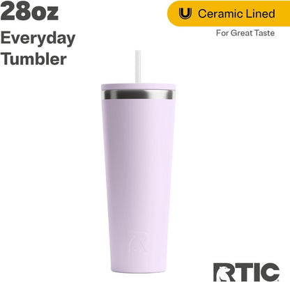 RTIC 20oz Everyday Tumbler Insulated Stainless Steel Portable Travel Coffee Cup with Straw, Ceramic Lining, Spill-Resistant Lid, BPA-Free, Hot and Cold Drink, Beach
