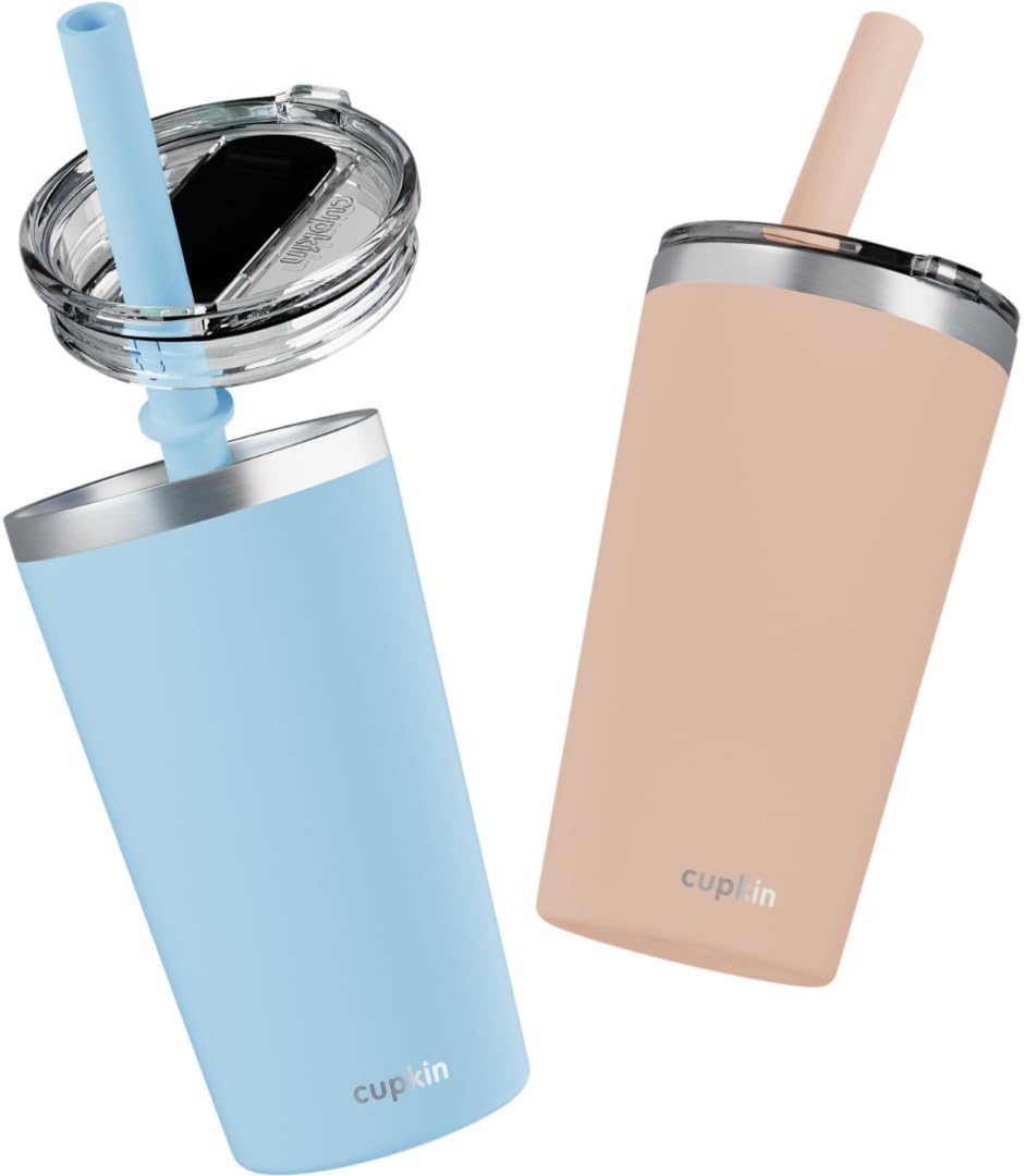 CUPKIN Stainless Steel Insulated Tumbler with Lid and Straw, 20 oz Stainless Steel Cups, Set of 2 Travel Coffee Mug for Adults, Iced Coffee Cup with Lid, Tumbler for Travel (Coral + Yellow)