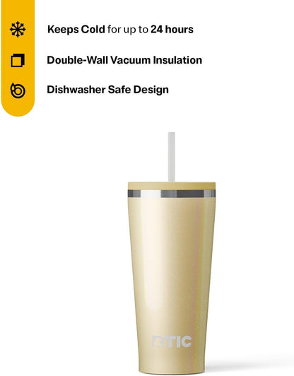 RTIC 20oz Everyday Tumbler Insulated Stainless Steel Portable Travel Coffee Cup with Straw, Ceramic Lining, Spill-Resistant Lid, BPA-Free, Hot and Cold Drink, Beach