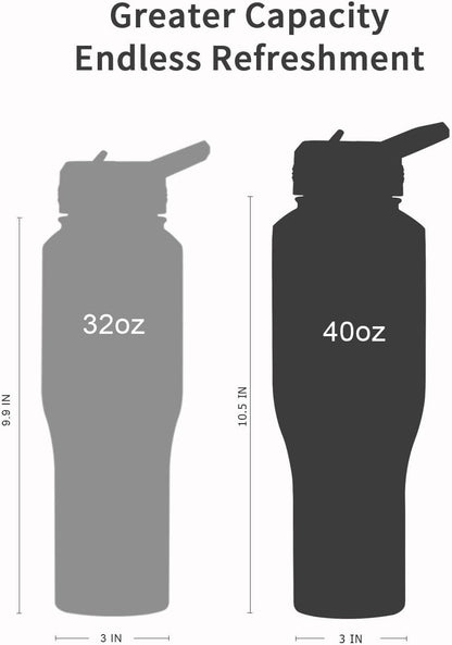 Trebo 40 oz Water Bottle Insulated Fit Car Cup Holder with Handle, Stainless Steel Water Bottles Tumbler with Spout Straw Lids, Double Wall Travel Reusable Flask, Leakproof Mug,Keep Cold &Hot,Black