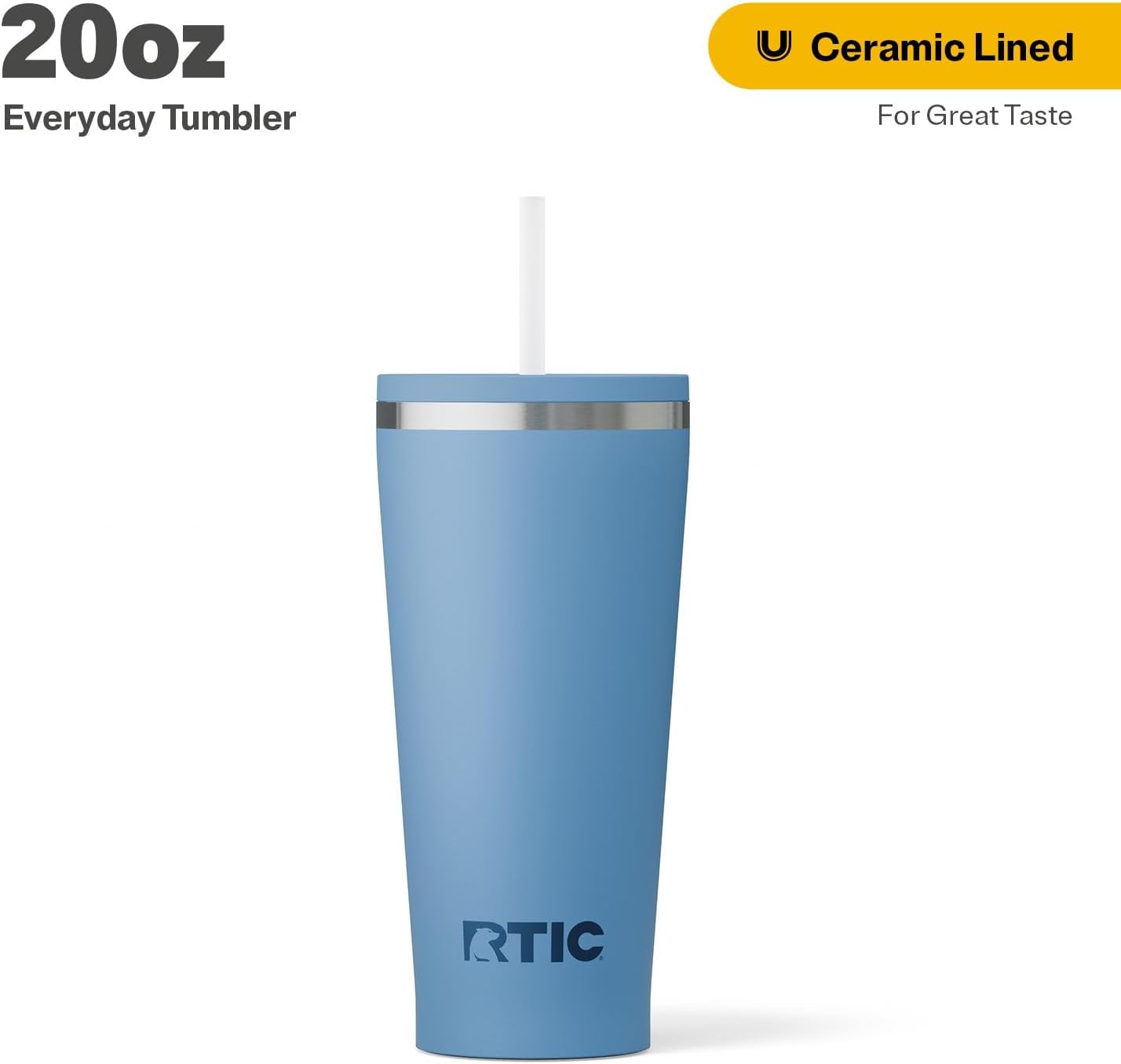RTIC 20oz Everyday Tumbler Insulated Stainless Steel Portable Travel Coffee Cup with Straw, Ceramic Lining, Spill-Resistant Lid, BPA-Free, Hot and Cold Drink, Beach