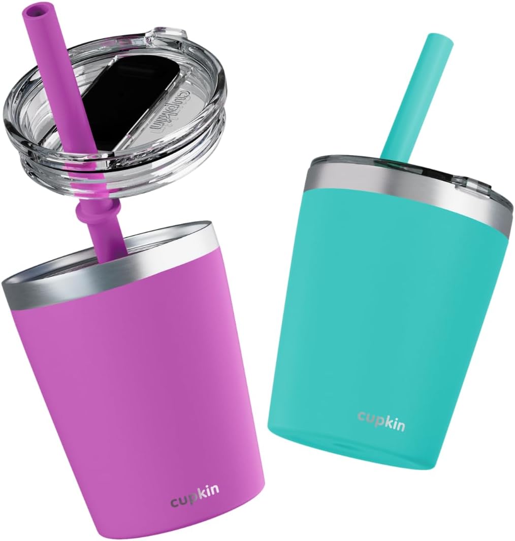 CUPKIN Stainless Steel Insulated Tumbler with Lid and Straw, 20 oz Stainless Steel Cups, Set of 2 Travel Coffee Mug for Adults, Iced Coffee Cup with Lid, Tumbler for Travel (Coral + Yellow)