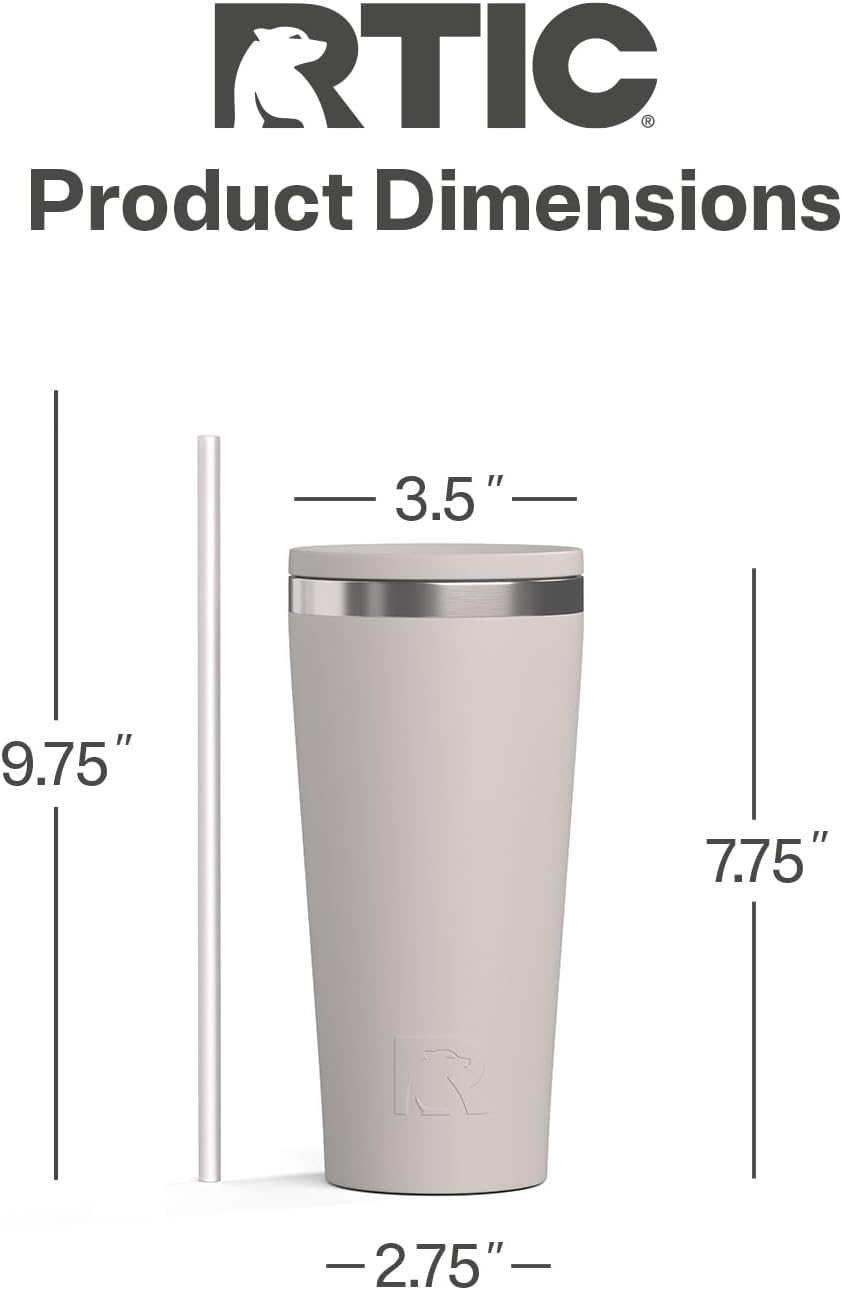 RTIC 20oz Everyday Tumbler Insulated Stainless Steel Portable Travel Coffee Cup with Straw, Ceramic Lining, Spill-Resistant Lid, BPA-Free, Hot and Cold Drink, Beach
