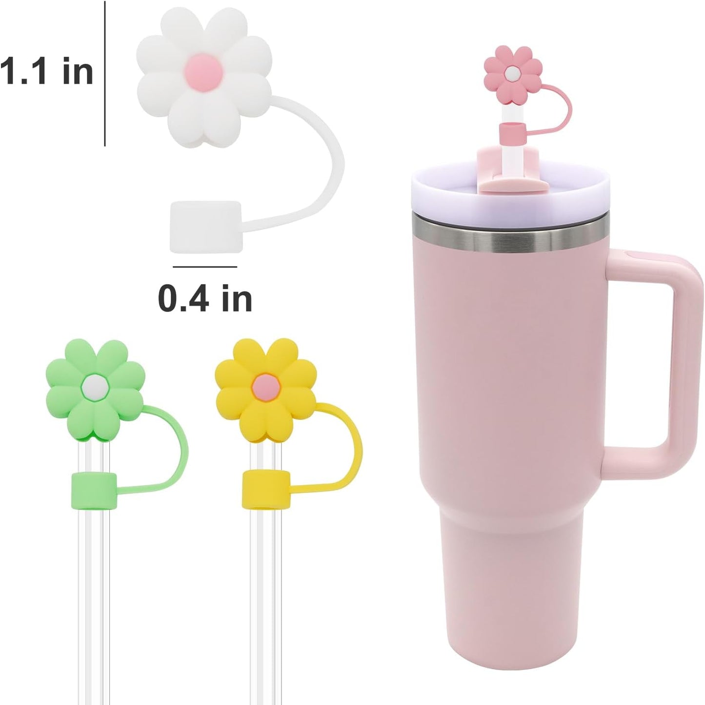 4Pcs 0.4in Diameter Cute Silicone Straw Covers Cap for Stanley Cup, Dust-Proof Drinking Straws Reusable Straws Tips Lids (4 PCS Flower Straw Covers)